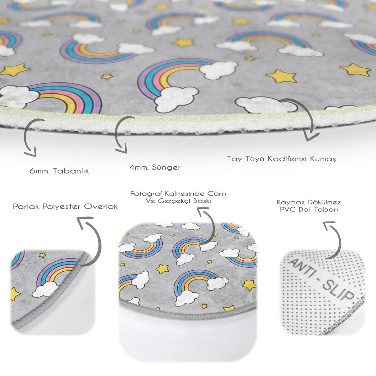 Gri Zeminde Gökkuşağı Çocuk & Genç Odası Makinede Yıkanabilir Kaymaz Tabanlı Yuvarlak Çocuk Halısı Realhomes