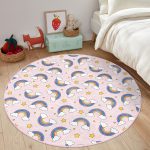 - RealHomes Dijital Baskılı Kaymaz Tabanlı Comfort Çocuk Odası Yuvarlak Halı - Realhomes Pembe Zeminde Gökkuşağı Çocuk & Genç Odası Makinede Yıkanabilir Kaymaz Tabanlı Yuvarlak Çocuk Halısı Realhomes