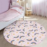 - RealHomes Dijital Baskılı Kaymaz Tabanlı Comfort Çocuk Odası Yuvarlak Halı - Realhomes Pembe Zeminde Gökkuşağı Çocuk & Genç Odası Makinede Yıkanabilir Kaymaz Tabanlı Yuvarlak Çocuk Halısı Realhomes