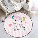 Pembe Çizgili Zeminde Sweet Cat Tasarımlı Çocuk & Genç Odası Makinede Yıkanabilir Kaymaz Tabanlı Yuvarlak Çocuk Halısı Realhomes