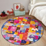 Rengarenk Araba Süren Hayvanlar Figürlü Çiçek Motifli Çocuk & Genç Odası Makinede Yıkanabilir Kaymaz Tabanlı Yuvarlak Çocuk Halısı Realhomes