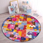 Rengarenk Araba Süren Hayvanlar Figürlü Çiçek Motifli Çocuk & Genç Odası Makinede Yıkanabilir Kaymaz Tabanlı Yuvarlak Çocuk Halısı Realhomes