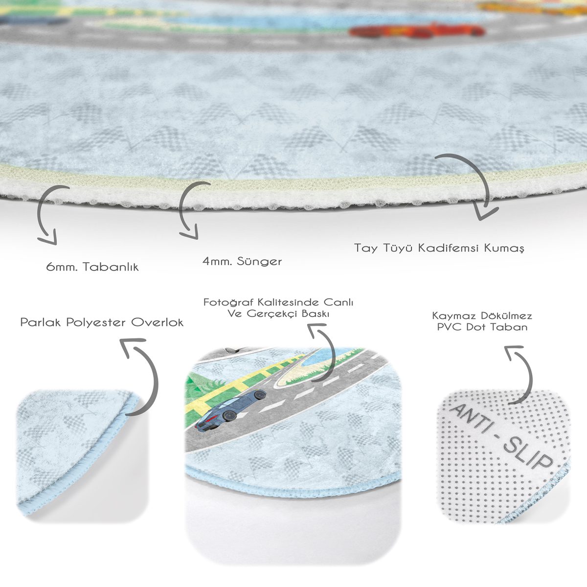 Yarış Arabası Figürlü Çocuk Desenli Çocuk & Genç Odası Makinede Yıkanabilir Kaymaz Tabanlı Yuvarlak Çocuk Halısı Realhomes