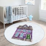 Minyatür Mor Ev Çizimli Çocuk & Genç Odası Makinede Yıkanabilir Kaymaz Tabanlı Yuvarlak Çocuk Halısı Realhomes