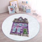 Minyatür Mor Ev Çizimli Çocuk & Genç Odası Makinede Yıkanabilir Kaymaz Tabanlı Yuvarlak Çocuk Halısı Realhomes