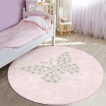 - RealHomes Dijital Baskılı Kaymaz Tabanlı Comfort Çocuk Odası Yuvarlak Halı - Realhomes  Pembe Zemin Papatyadan Kelebek Tasarımlı Çocuk & Genç Odası Makinede Yıkanabilir Kaymaz Tabanlı Yuvarlak Çocuk Halısı Realhomes