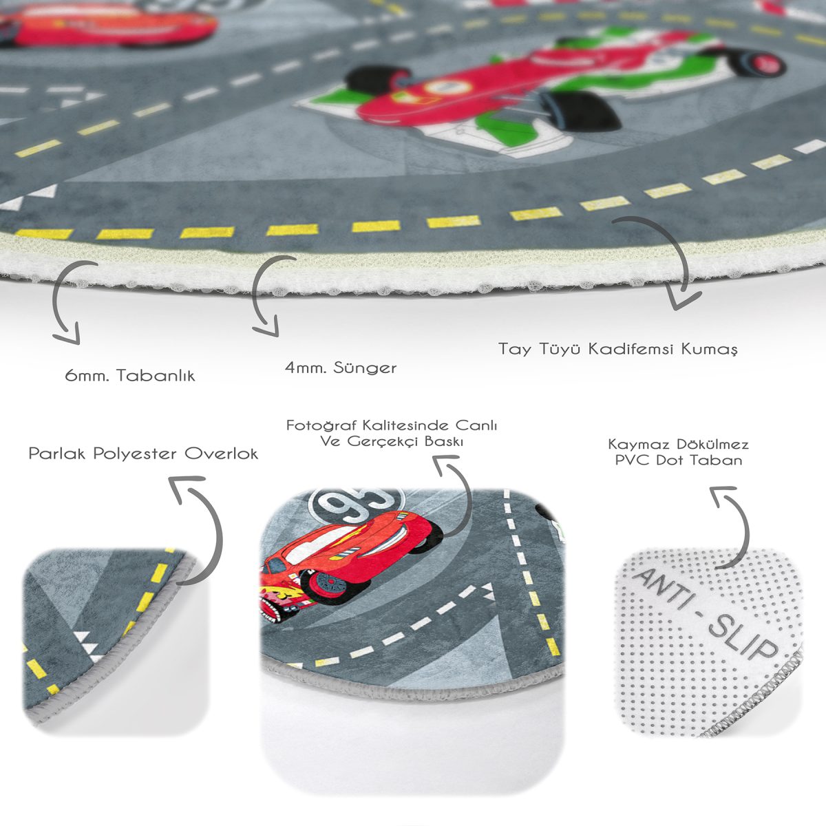 Yarış Arabaları Oyun Yolu Tasarımlı Çocuk & Genç Odası Makinede Yıkanabilir Kaymaz Tabanlı Yuvarlak Çocuk Oyun Halısı Realhomes
