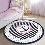 - RealHomes Dijital Baskılı Kaymaz Tabanlı Comfort Çocuk Odası Yuvarlak Halı - Realhomes  Lacivert Çizgili Puantiye Motifli Çapa Çocuk & Genç Odası Makinede Yıkanabilir Kaymaz Tabanlı Yuvarlak Çocuk Halısı Realhomes