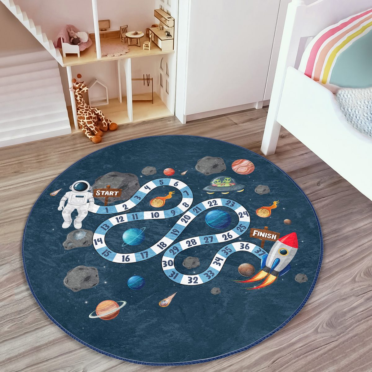 Uzay Temalı Eğitici Oyun Adımları Tasarımlı Çocuk & Genç Odası Makinede Yıkanabilir Kaymaz Tabanlı Yuvarlak Çocuk Oyun Halısı Realhomes