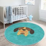Köpek Desenli Çocuk & Genç Odası Makinede Yıkanabilir Kaymaz Tabanlı Yuvarlak Çocuk Halısı Realhomes