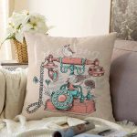 - Sonil-K10004-Gorsel - Realhomes  Kahve Zemin Antika Telefon Desenli Dijital Baskılı Modern Raşel Kadife Yastık Kırlent Kılıfı Realhomes