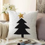 - Sonil-K10011-Gorsel - Realhomes  Beyaz Zemin Siyah Çam Ağacı Çizimli Dijital Baskılı Dekoratif Raşel Kadife Yastık Kırlent Kılıfı Realhomes