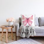 - Sonil-K10034-Gorsel-1 - Realhomes  Beyaz Zemin Pembe Kelebek Tasarımlı Dijital Baskılı Dekoratif Raşel Kadife Yastık Kırlent Kılıfı Realhomes