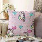 Realhomes Balonlu Unicorn Motifli Özel Tasarım Dijital Baskılı Modern Raşel Kadife Yastık Kırlent Kılıfı Realhomes