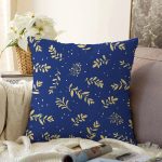 - Sonil-K10078-Gorsel - Realhomes  Lacivert Zeminli Yaprak Motifli Dijital Baskılı Modern Raşel Kadife Yastık Kırlent Kılıfı Realhomes