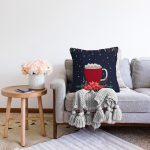 Lacivert Zemin Kırmızı Bardak Desenli Dijital Baskılı Modern Raşel Kadife Yastık Kırlent Kılıfı Realhomes