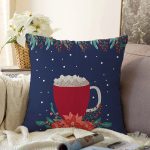 Lacivert Zemin Kırmızı Bardak Desenli Dijital Baskılı Modern Raşel Kadife Yastık Kırlent Kılıfı Realhomes