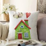 Minyatür Yeşil Ev Çizimli Dijital Baskılı Modern Raşel Kadife Yastık Kırlent Kılıfı Realhomes