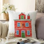 - Sonil-K10115-Gorsel - Realhomes  Minyatür Kırmızı Ev Çizimli Dijital Baskılı Dekoratif Şönil Yastık Kırlent Kılıfı Realhomes