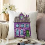 - Sonil-K10116-Gorsel - Realhomes Minyatür Mor Ev Çizimli Dijital Baskılı Modern Şönil Yastık Kırlent Kılıfı Realhomes