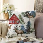 Kar Zeminli Geyik & Çam Ağacı Tasarımlı Dijital Baskılı Dekoratif Raşel Kadife Yastık Kırlent Kılıfı Realhomes