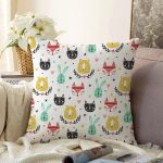 - Print - Realhomes Realhomes Sevimli Minik Hayvanlar Çizimli Özel Tasarım Dijital Baskılı Modern Raşel Kadife Yastık Kırlent Kılıfı Realhomes