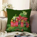 - Sonil-K10144-Gorsel - Realhomes  Yeşil Zemin Çam Yapraklı Mum Tasarımlı Dijital Baskılı Modern Raşel Kadife Yastık Kırlent Kılıfı Realhomes