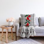 Gri Ekose Zemin & Kırmızı Kuş Tasarımlı Dijital Baskılı Dekoratif Raşel Kadife Yastık Kırlent Kılıfı Realhomes