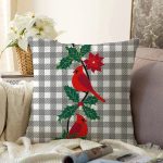 Gri Ekose Zemin & Kırmızı Kuş Tasarımlı Dijital Baskılı Dekoratif Raşel Kadife Yastık Kırlent Kılıfı Realhomes