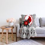 - Sonil-K10205-Gorsel-1 - Realhomes Gri Ekose Zemin & Kırmızı Kuş Tasarımlı Dijital Baskılı Modern Raşel Kadife Yastık Kırlent Kılıfı Realhomes