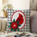 - Sonil-K10205-Gorsel - Realhomes Gri Ekose Zemin & Kırmızı Kuş Tasarımlı Dijital Baskılı Modern Raşel Kadife Yastık Kırlent Kılıfı Realhomes