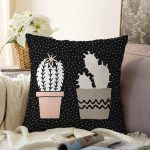 Siyah Kumlama Zemin Kaktüs Tasarımlı Dijital Baskılı Modern Raşel Kadife Yastık Kırlent Kılıfı Realhomes
