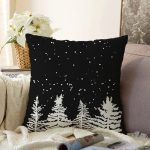 Siyah Zemin Beyaz Çam Ağacı Desenli Dijital Baskılı Dekoratif Raşel Kadife Yastık Kırlent Kılıfı Realhomes