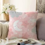 - Print - Realhomes Realhomes Renkli Bulutlar Arasında Ay Yıldız Tasarımlı Dijital Baskılı Modern Raşel Kadife Yastık Kırlent Kılıfı Realhomes