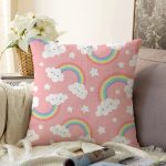 Realhomes Pembe Zeminde Gökkuşağı Tasarımlı Dijital Baskılı Modern Raşel Kadife Yastık Kırlent Kılıfı Realhomes