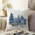 Kış Temalı Suluboya Özel Tasarım Dijital Baskılı Dekoratif Raşel Kadife Yastık Kırlent Kılıfı Realhomes