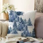 Suluboya Çizimli Kış Temalı Çam Ağaçları Dijital Baskılı Dekoratif Raşel Kadife Yastık Kırlent Kılıfı Realhomes