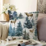 - Sonil-K10347-Gorsel - Realhomes  Suluboya Çam Ağacı & Geyik Tasarımlı Dijital Baskılı Modern Raşel Kadife Yastık Kırlent Kılıfı Realhomes