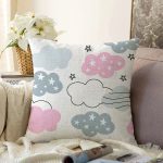 Realhomes Açık Pembe Bulut Motifli Özel Tasarım Dijital Baskılı Modern Raşel Kadife Yastık Kırlent Kılıfı Realhomes