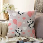 - Print - Realhomes Realhomes Balonlu Panda Tasarımlı Dijital Baskılı Modern Raşel Kadife Yastık Kırlent Kılıfı Realhomes
