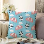 Realhomes Paraşütlü Panda Motifli Özel Tasarım Dijital Baskılı Modern Raşel Kadife Yastık Kırlent Kılıfı Realhomes