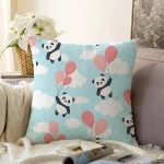- Print - Realhomes  Realhomes Balonlu Panda Tasarımlı Dijital Baskılı Modern Raşel Kadife Yastık Kırlent Kılıfı Realhomes