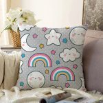 - Print - Realhomes  Realhomes Gri Zeminde Gökkuşağı ve Ay Yıldız Tasarımlı Dijital Baskılı Modern Raşel Kadife Yastık Kırlent Kılıfı Realhomes