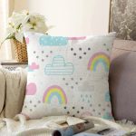 - Печать - Realhomes  Bebek Desenli Gökkuşağı Ve Bulutlar Dijital Baskılı Özel Tasarım Modern Raşel Kadife Yastık Kırlent Kılıfı Realhomes