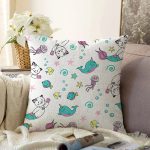 - Печать - Realhomes Realhomes Deniz Kızı Ayaklı Kedicik Tasarımlı Dijital Baskılı Modern Raşel Kadife Yastık Kırlent Kılıfı Realhomes