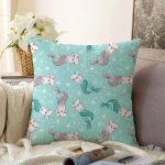 - new - Realhomes Realhomes Deniz Kızı Ayaklı Kedicik Tasarımlı Dijital Baskılı Modern Raşel Kadife Yastık Kırlent Kılıfı Realhomes