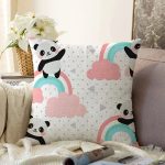 Gökkuşağı Ve Panda Dijital Baskılı Özel Tasarım Modern Raşel Kadife Yastık Kırlent Kılıfı Realhomes