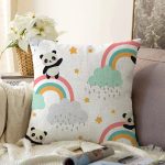 Panda Gökkuşağı Sevimli Tasarım Dijital Baskılı Özel Tasarım Modern Raşel Kadife Yastık Kırlent Kılıfı Realhomes