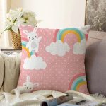 - Print - Realhomes Gökkuşağı Ve Sevimli Tavşan Dijital Baskılı Özel Tasarım Modern Raşel Kadife Yastık Kırlent Kılıfı Realhomes