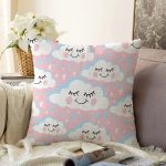 - Печать - Realhomes  Pembe Zeminde Sevimli Bulutlar Dijital Baskılı Özel Tasarım Modern Raşel Kadife Yastık Kırlent Kılıfı Realhomes